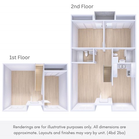 Floor plan for 4 beds, 2 baths, 1350 sqft